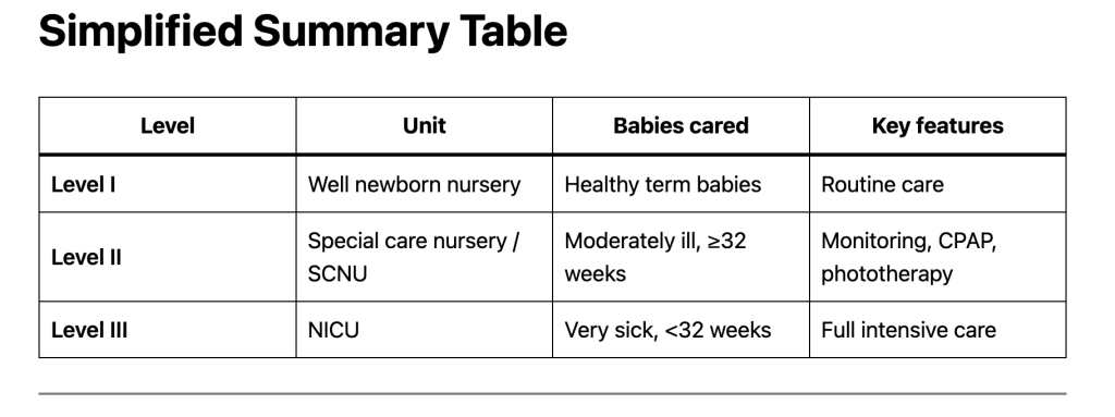 level of neonatal care summarized table
